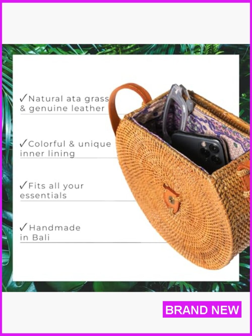 Handmade Woven Rattan Crossbody Bag Boho Straw Purse Summer Beach BOHO - Picture 2 of 5
